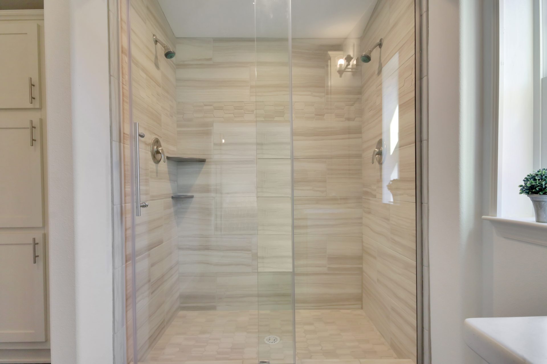 dual head tiled walk in shower