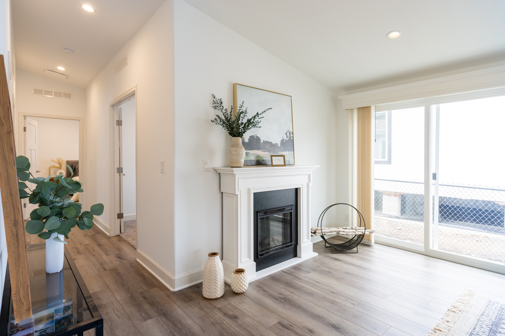 residential fireplace and sliding patio door